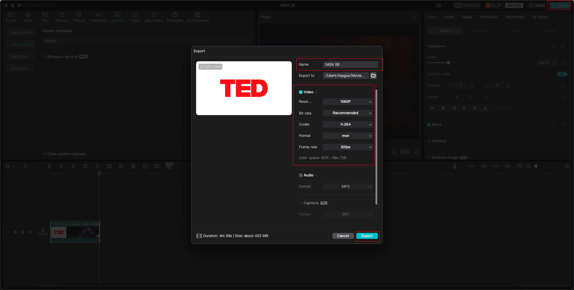 Export settings on CapCut PC
