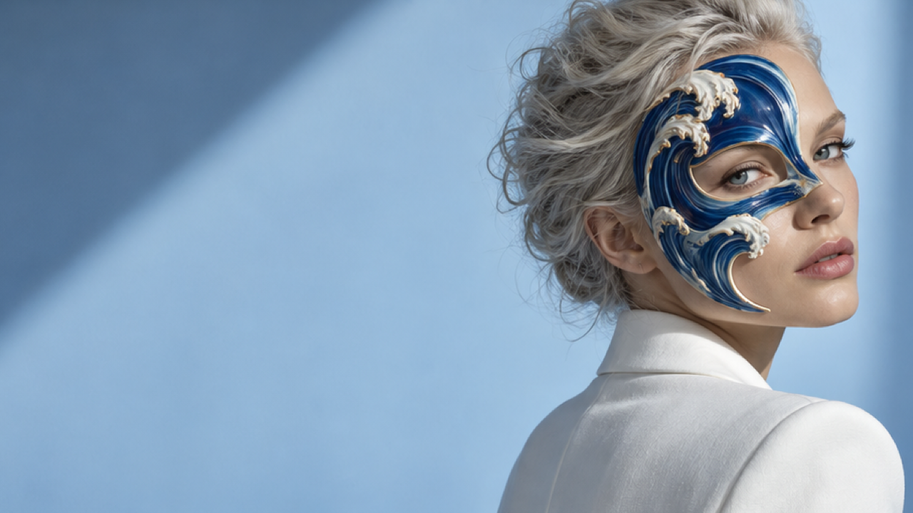 16: 9 erwachsene Frau rechts im dritten mit asymmetrischer Kobalt-Keramik-Wellenmaske, zurückgekämmtem silbernem Haar und weißer Jacke, blassblauem Hintergrund mit diagonalem Schatten, cooler Modestudio-Beleuchtung.