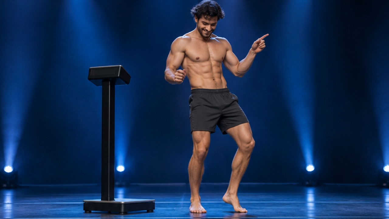 Premium 16:9 cinematic illustrative keyframe of an original adult male athlete with natural athletic build in plain charcoal sports shorts making a relaxed playful dance pose beside a black weigh-in scale on a blue-lit sports-event stage, unbranded dark backdrop, full body and feet visible, no logos, original face.