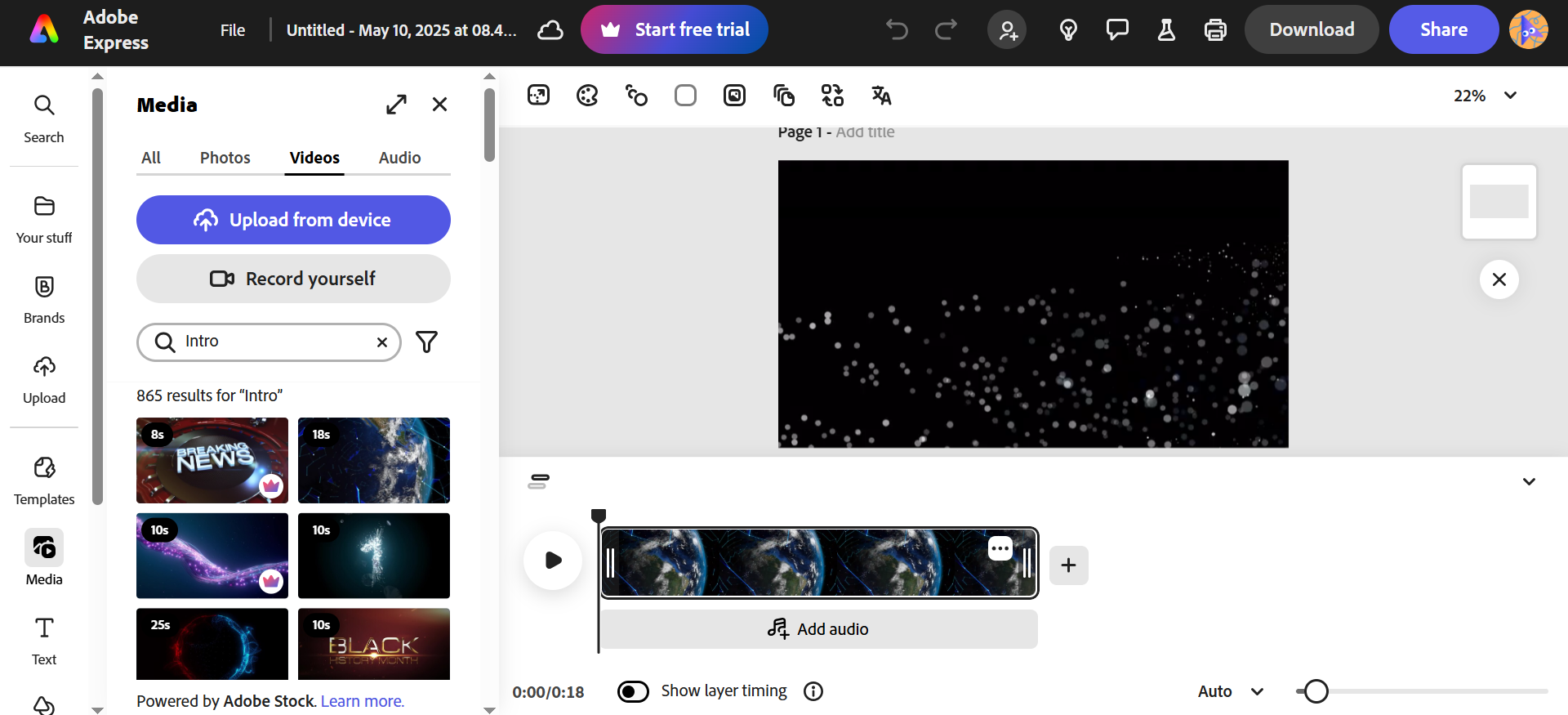 Adobe Express video intro interface