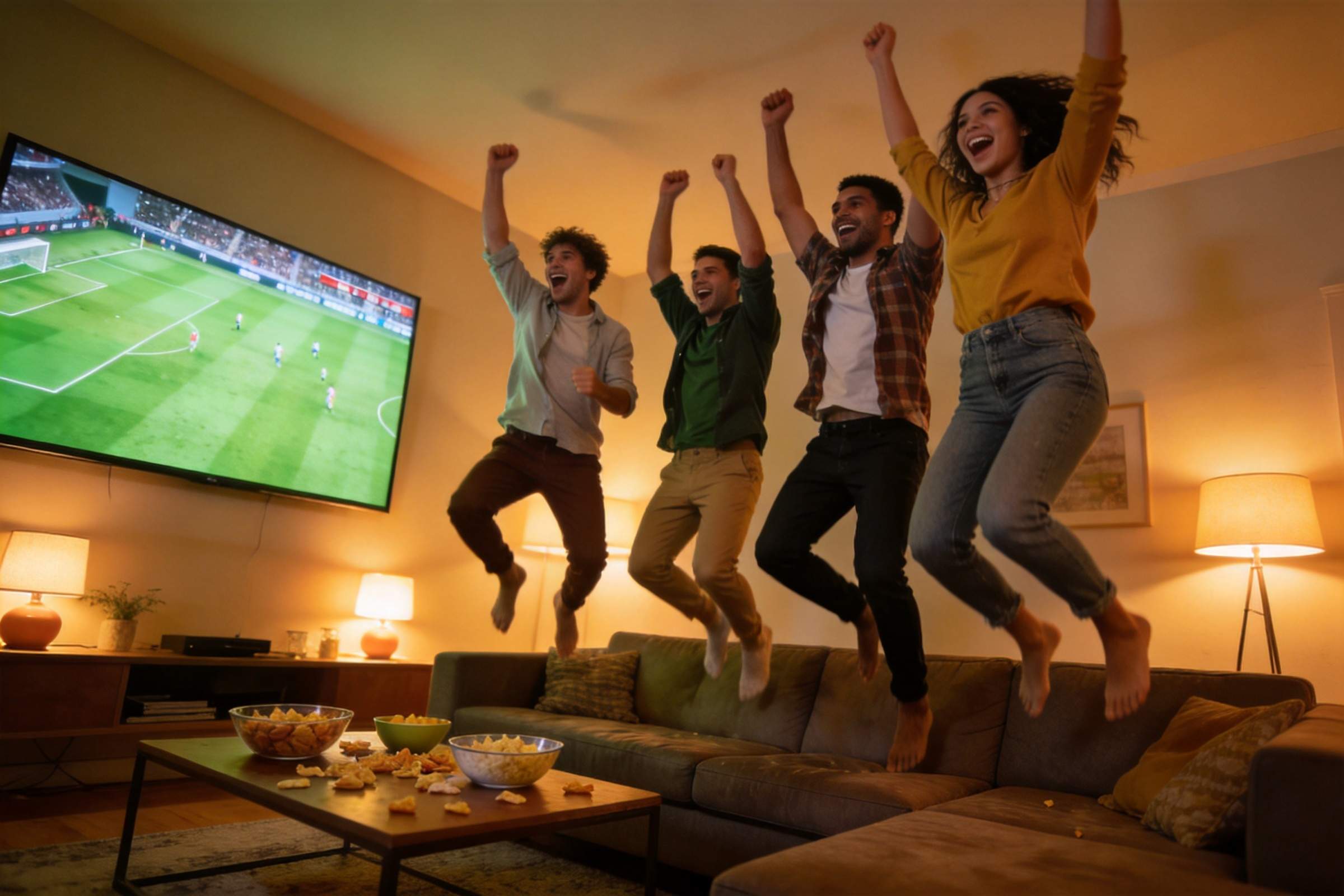 Friends jump and cheer while watching a football match on TV in a living room