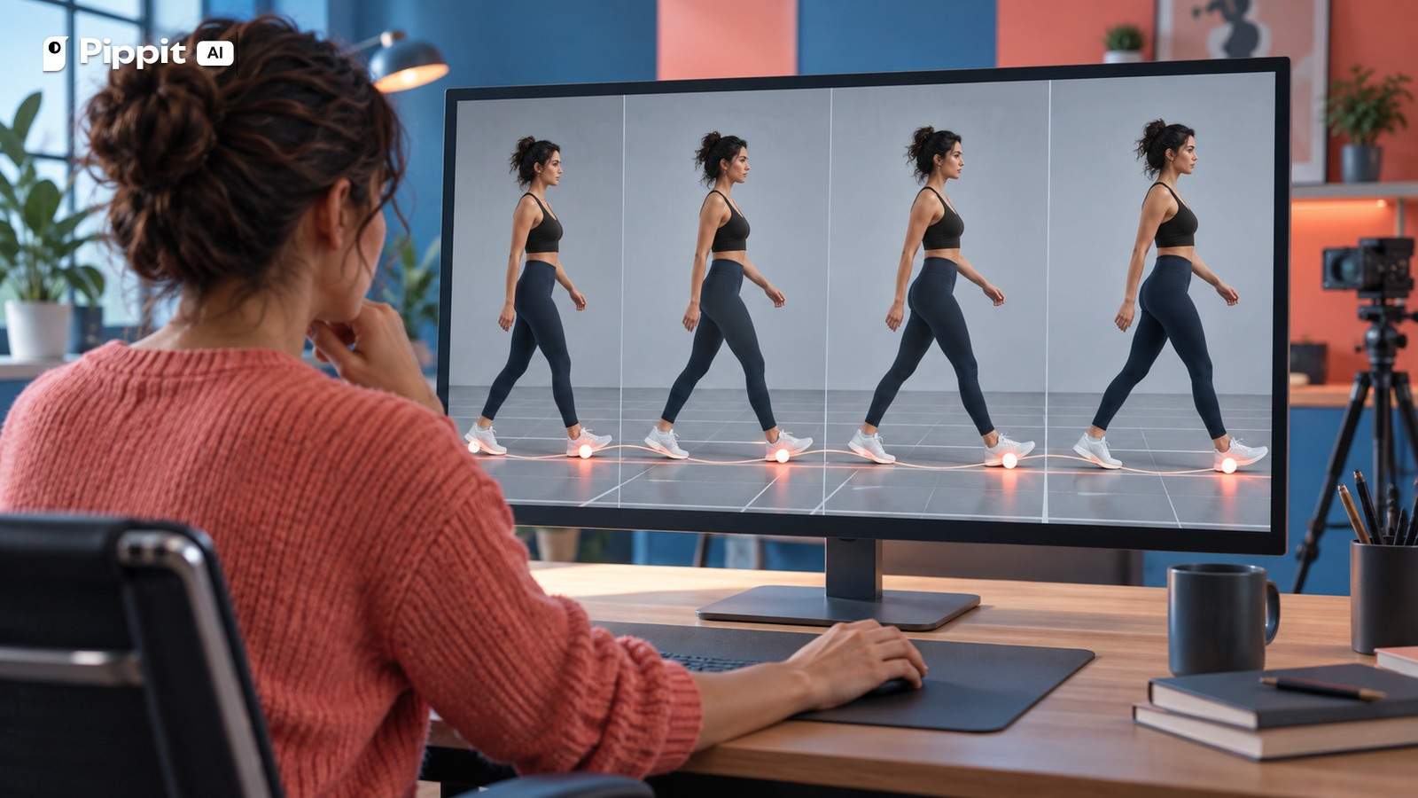 A creator reviews four walking frames with visible foot-contact markers on an editing monitor.