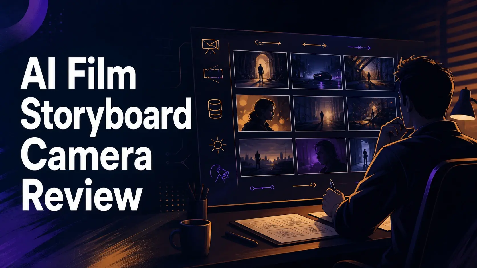 Storyboard review screen with scene thumbnails and a person sketching at a desk