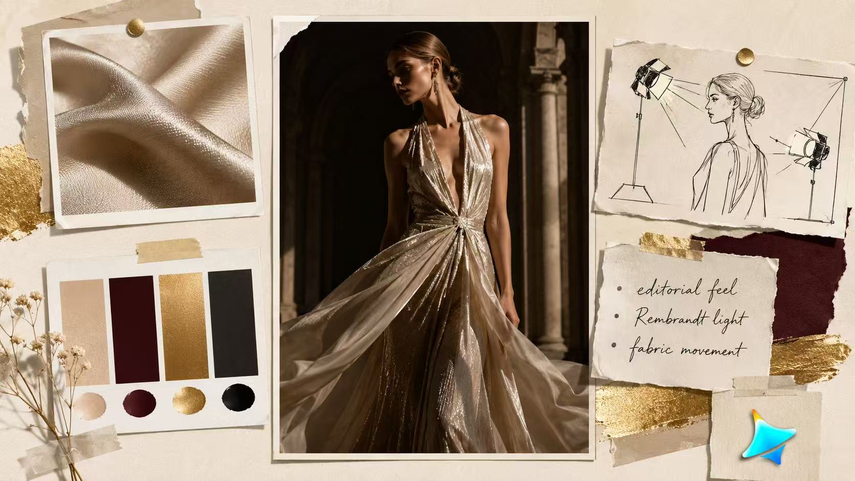 Dreamina AI generating luxury fashion campaign visuals with fabric texture fidelity, editorial lighting, and multi-layer composition for high-end fashion brands.