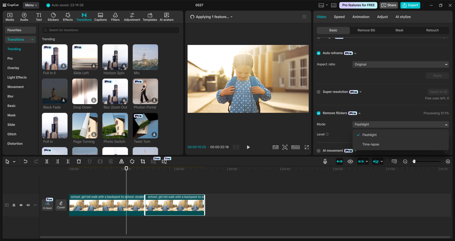 Interface of the CapCut desktop video editor - an ideal tool to add dissolve transition to videos