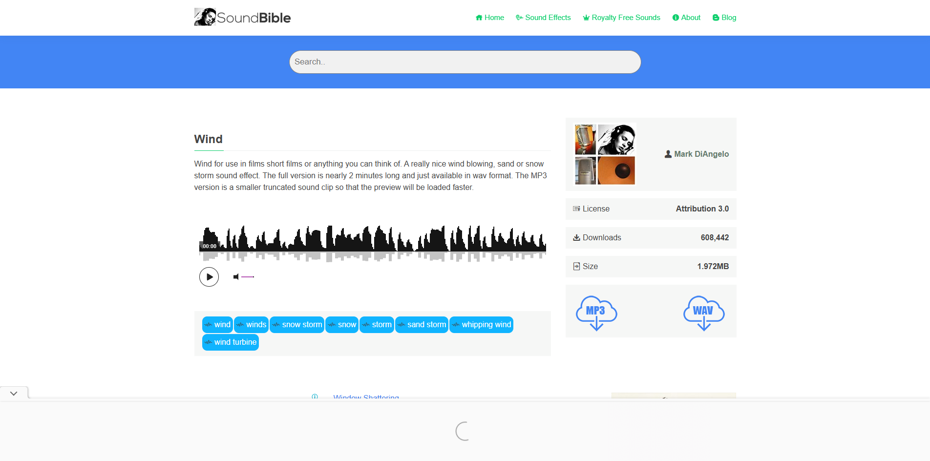 Interface of SoundBible - a user-friendly way to download wind sound effects