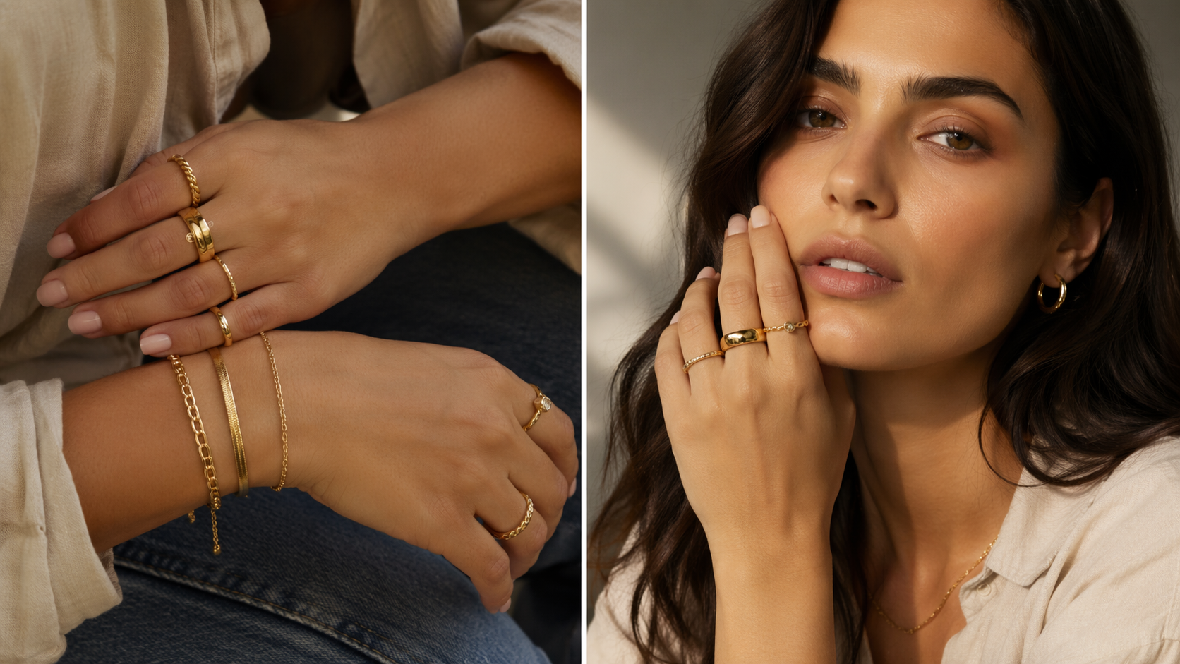 Dreamina-Schmuck anprobieren Prompt-Beispiel 3: geschichtete Ringe und Armband-Styling