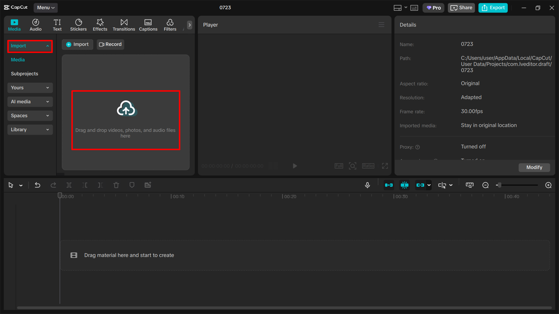 Importação de vídeo no editor de vídeo de desktop CapCut