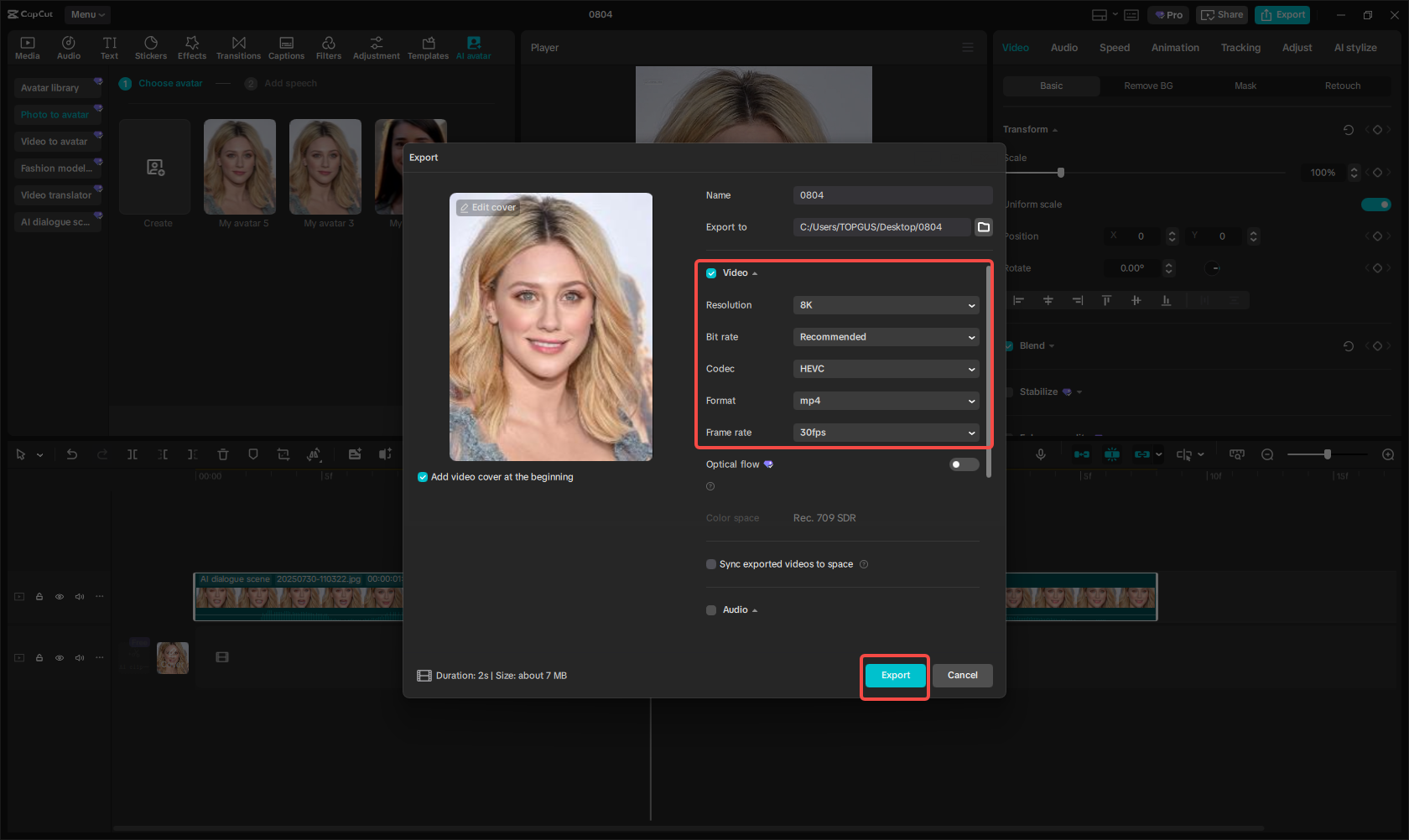 Exportar o vídeo do avatar