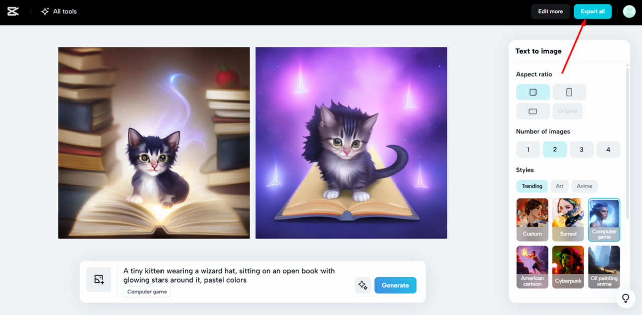 Baixando as imagens geradas por IA no CapCut Web