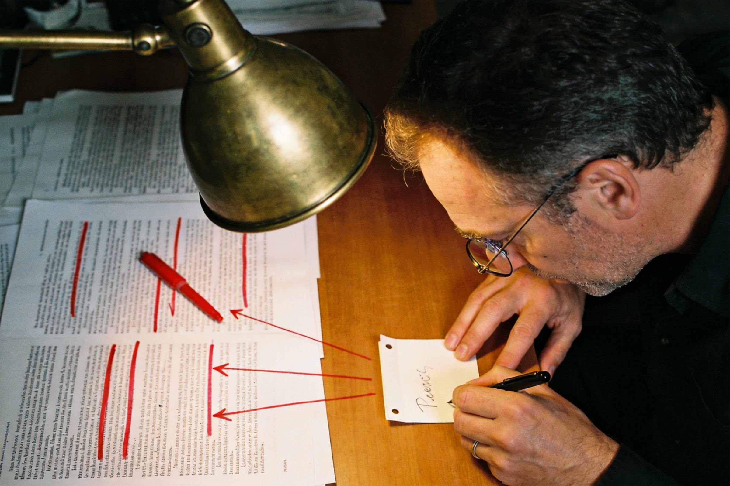 Man annotating a printed creative brief with red marks at a desk