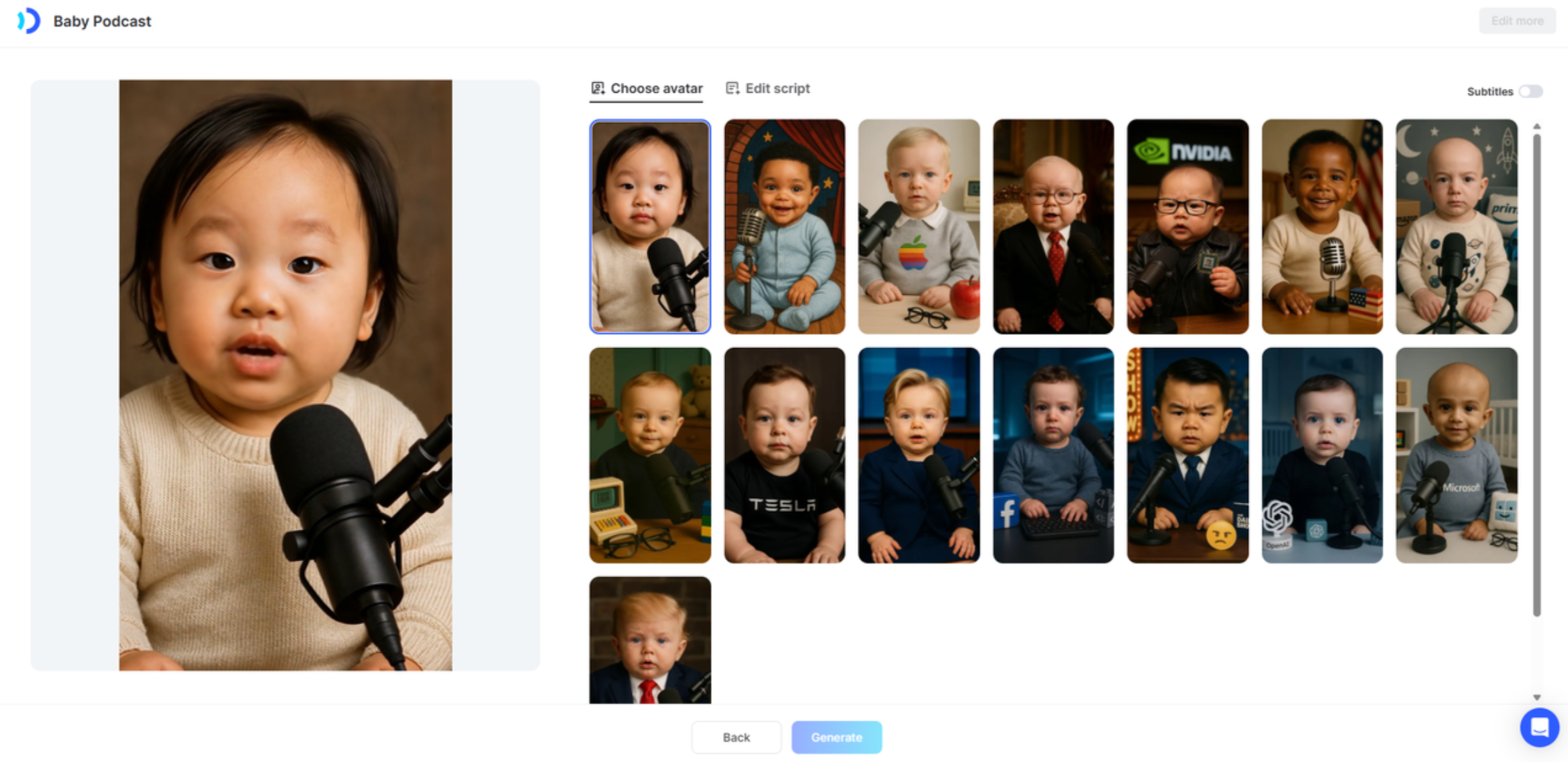 Interface of JoggAI - an easy to use talking baby podcast generator