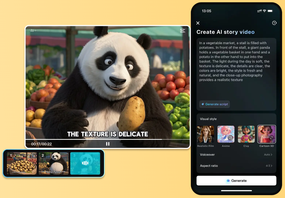 Interface of CapCut mobile app - an ideal way to generate AI videos on mobile