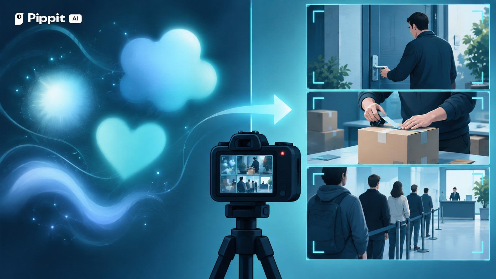 A camera separates abstract glowing shapes from concrete actions such as locking a door and sealing a box.