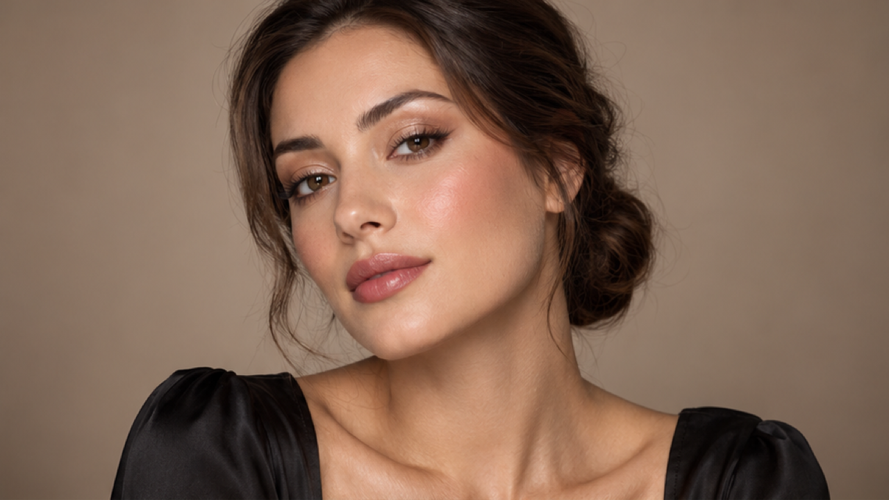 16:9 premium adult woman beauty portrait with champagne shimmer eyelids, thin brown lash line, peach blush, muted rose lip, low bun and black satin top, warm taupe studio, natural skin texture, completed elegant makeup, no text or tools.