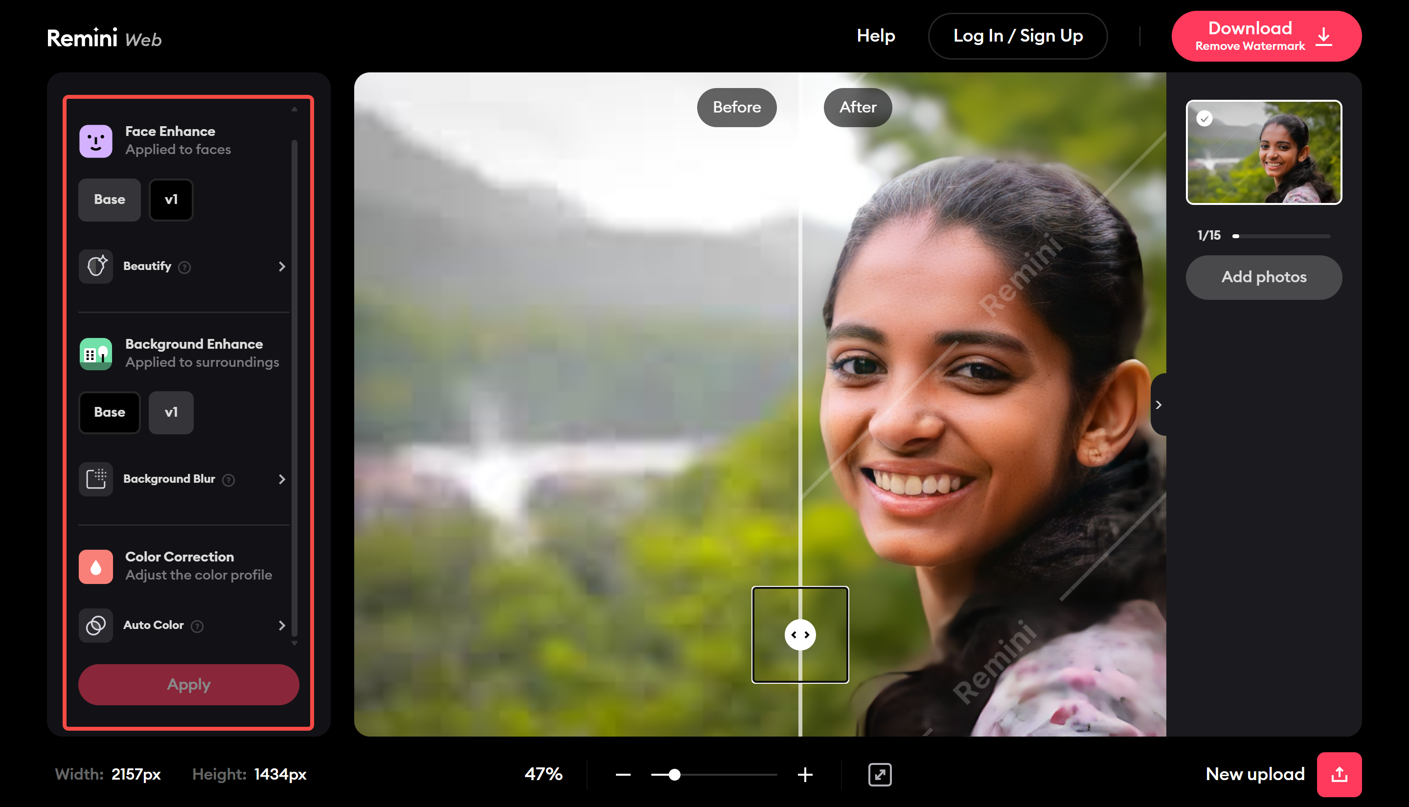 Uploading an image onto the Remini photo enhancer