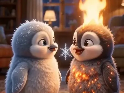 Two fluffy penguin chicks face each other, one icy blue with snowflakes and one glowing with flames.