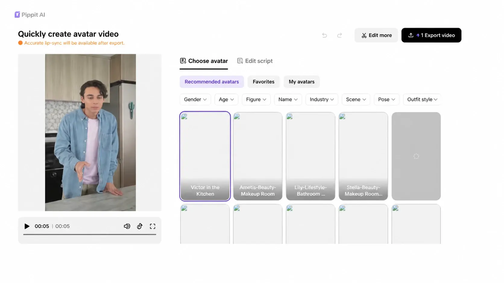 Avatar video editor with a man preview on the left and avatar selection grid on the right