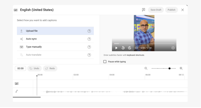 Image showing how to upload your subtitle file in YouTube Studio