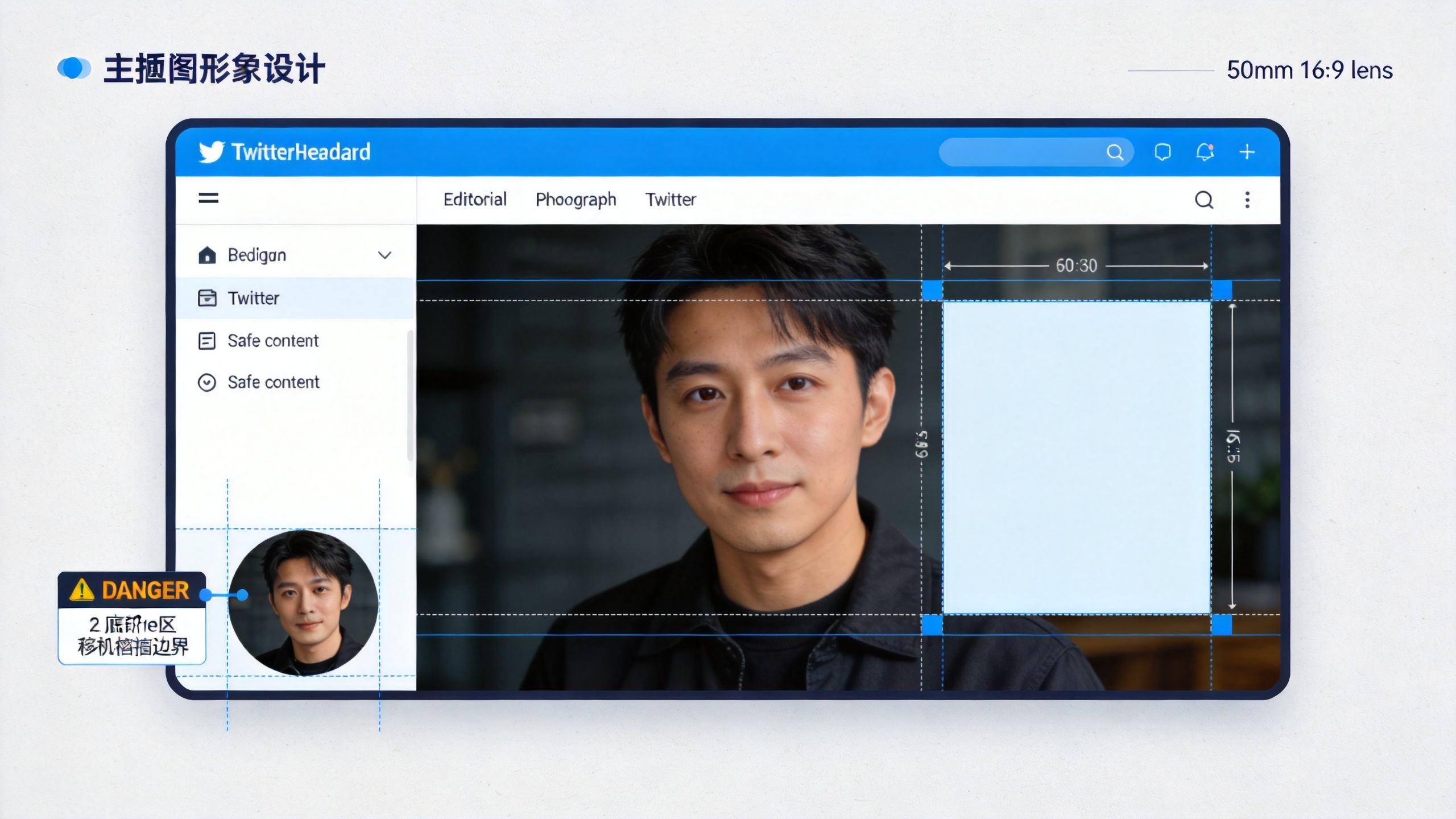 Twitter header layout with a portrait centered and a safe-area grid on the right