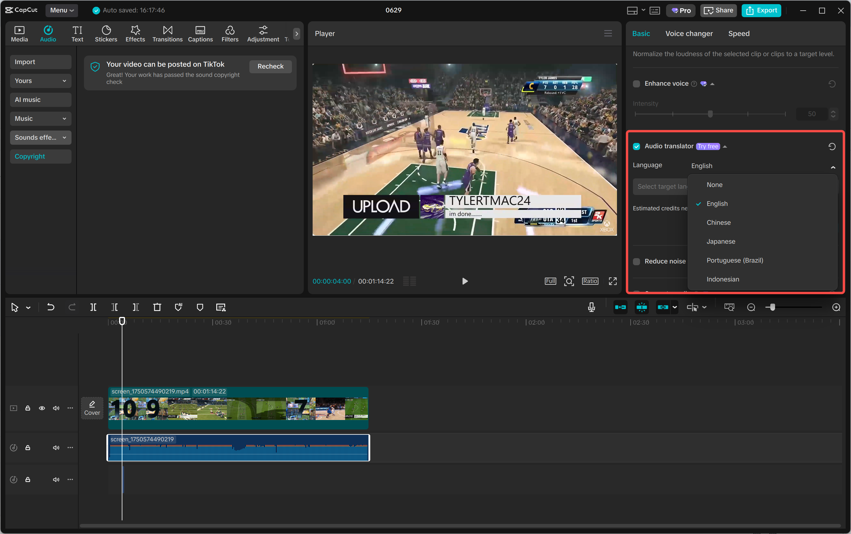 CapCut text‑to‑speech interface highlighting multilingual voice options.