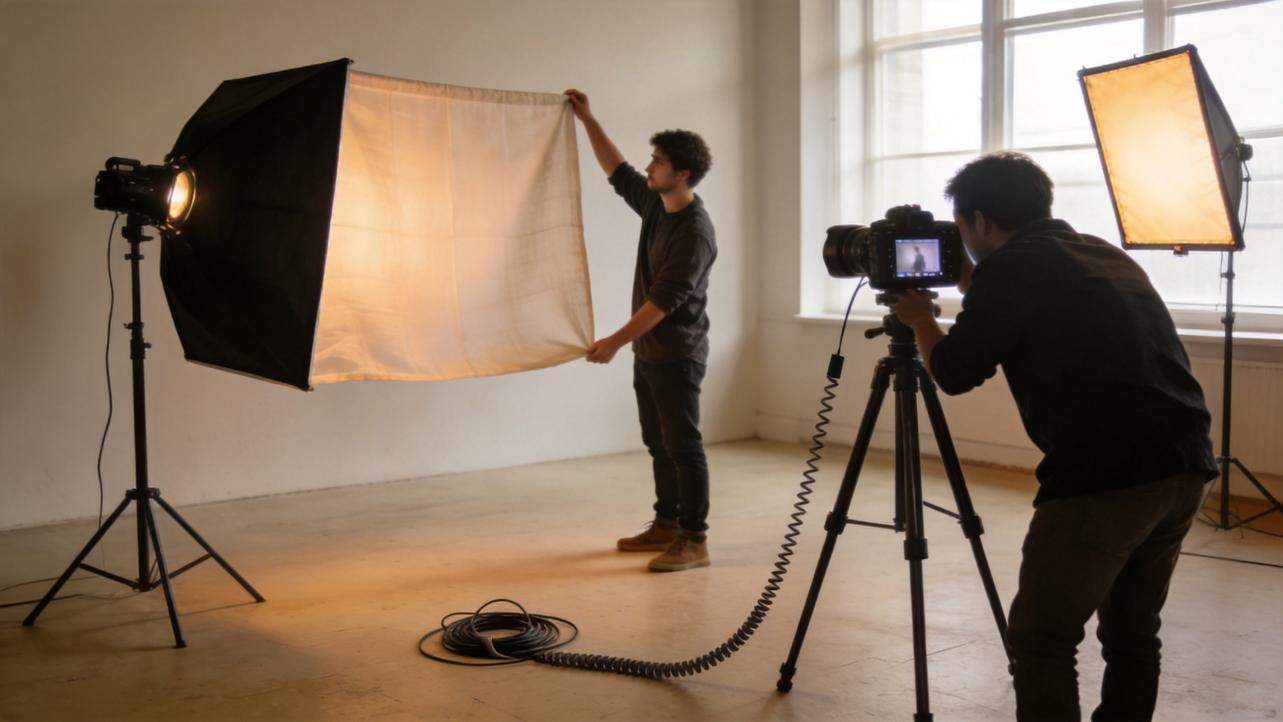 Two people set up studio lighting and a camera in a photo studio