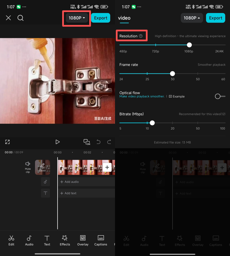 Change video resolution in CapCut Mobile App