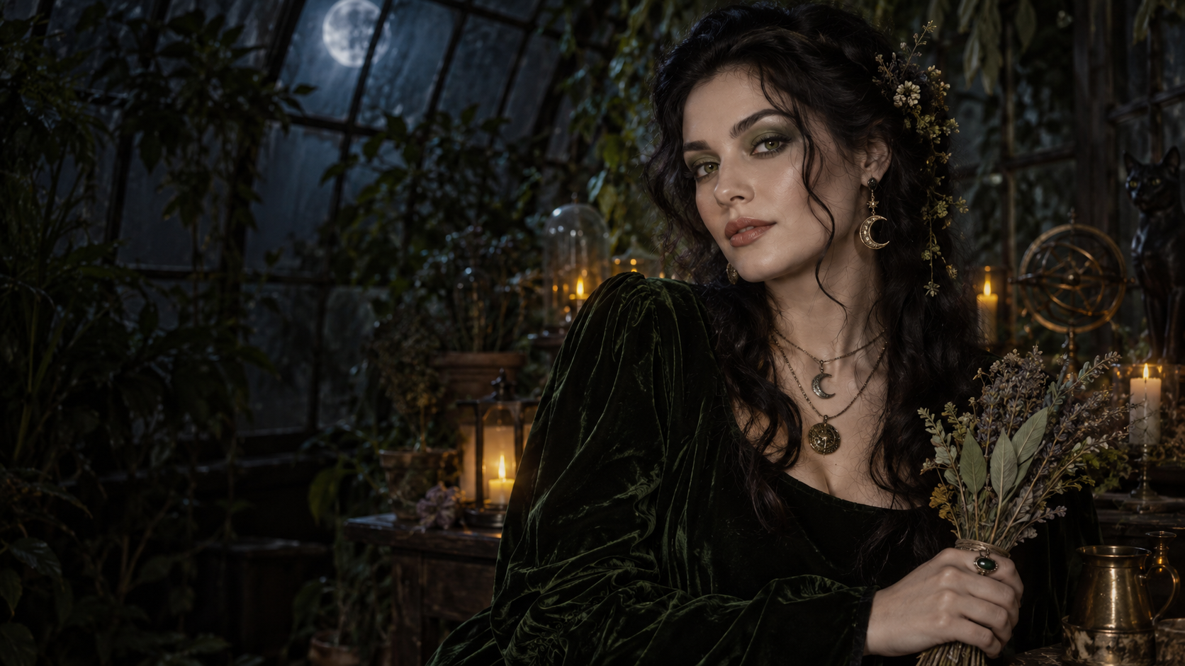 Botanical Moon Witch: Una donna adulta immaginaria in velluto con trucco per gli occhi verde salvia, gioielli a mezzaluna ed erbe secche in una serra illuminata dalla luna, elegante ritratto magico.