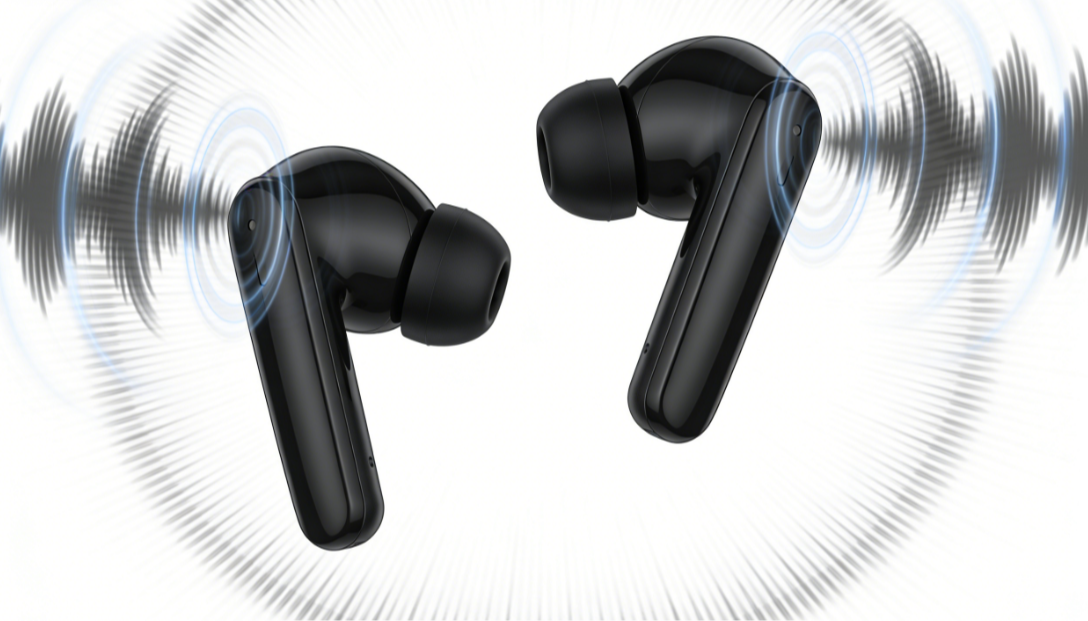 A sleek product demo of a black wireless earbud