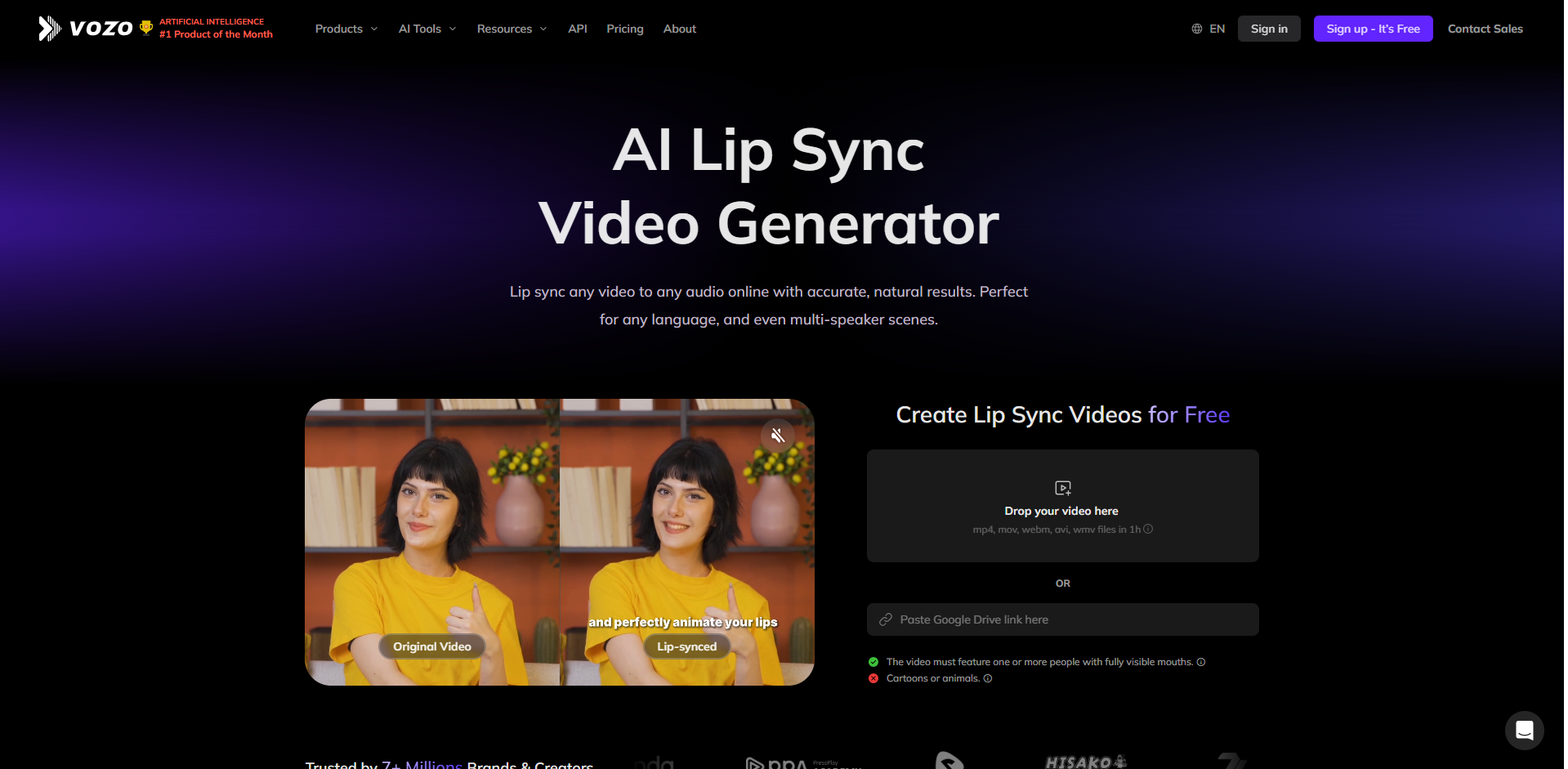 Interface of Vozo AI - the most liked AI lip sync video generator