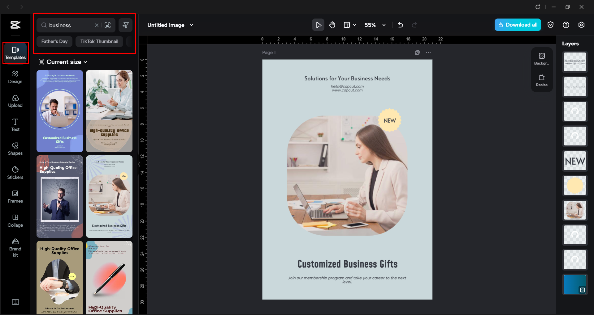 Eine Geschäftsflyer-Vorlage im CapCut Desktop-Videoeditor auswählen