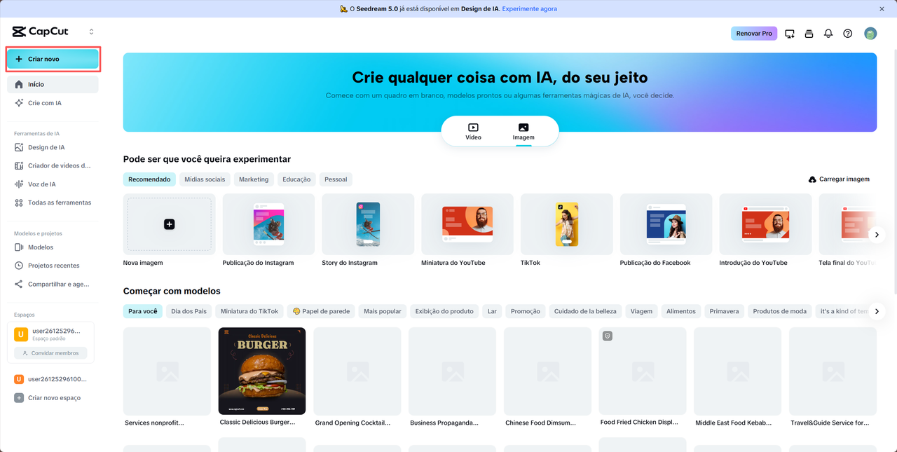 Iniciar um novo projeto de logo no CapCut Online