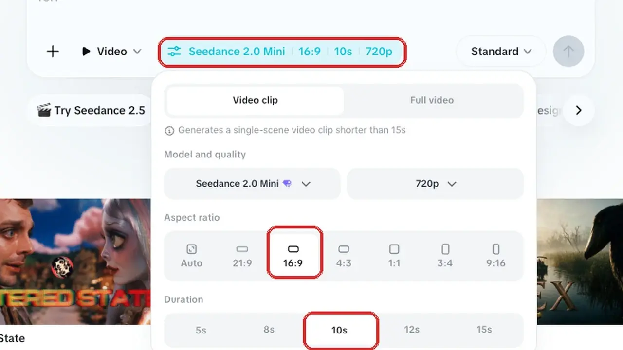 CapCut settings panel showing Seedance 2.0 Mini, 16:9, 10s, and 720p options