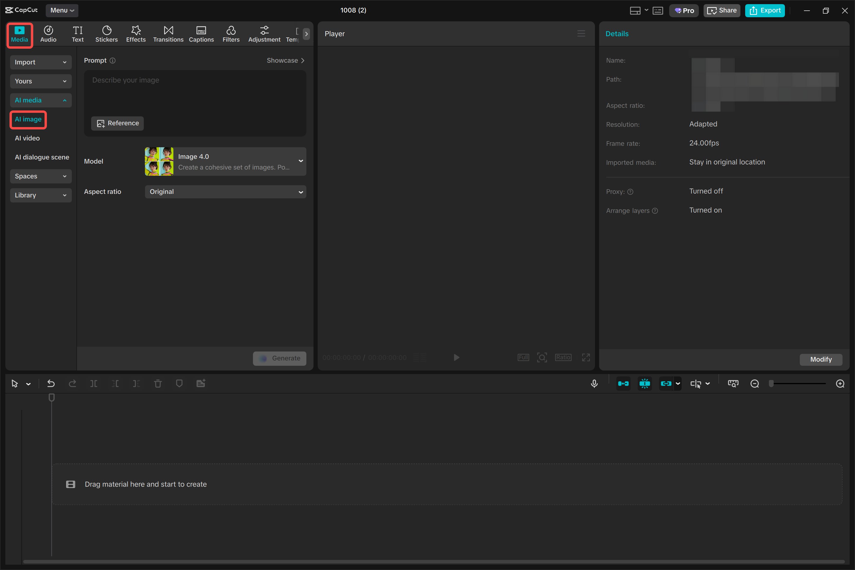 Accessing the AI image tool in the CapCut desktop video editor