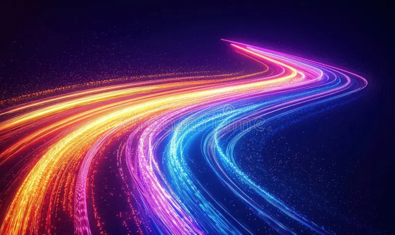 Colorful light trails forming shapes in a dark background