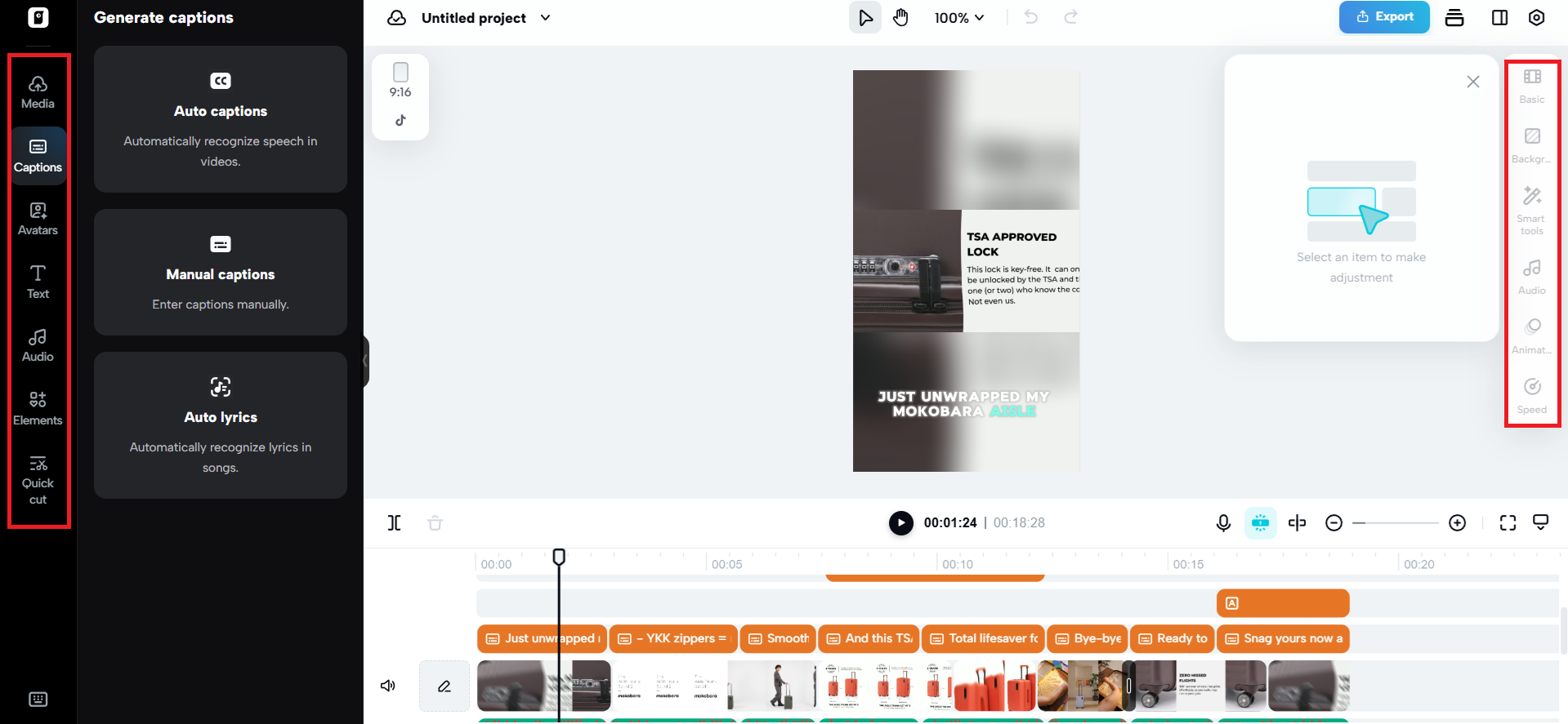 Editing options on either side of canvas