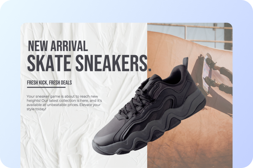 description=Pippit's Image Studio showing a product image being placed on various AI-generated backgrounds, with a sales poster template being applied.