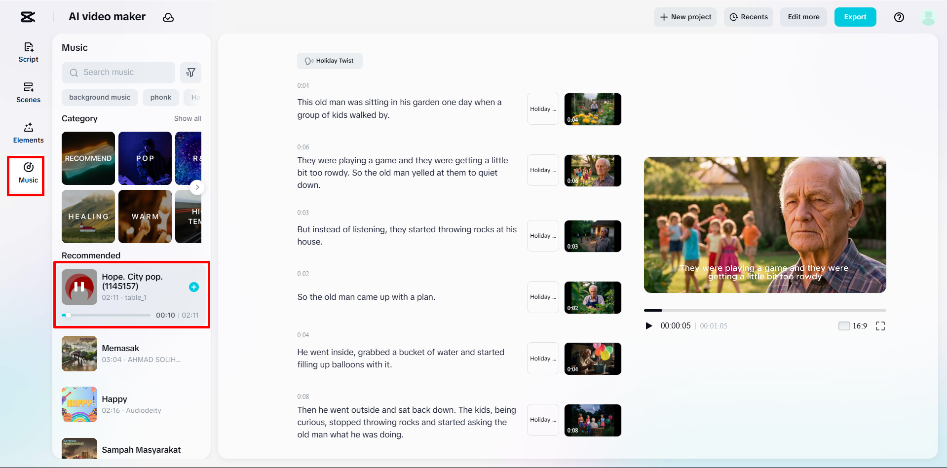 Applying music to cartoon videos using CapCut's AI video maker