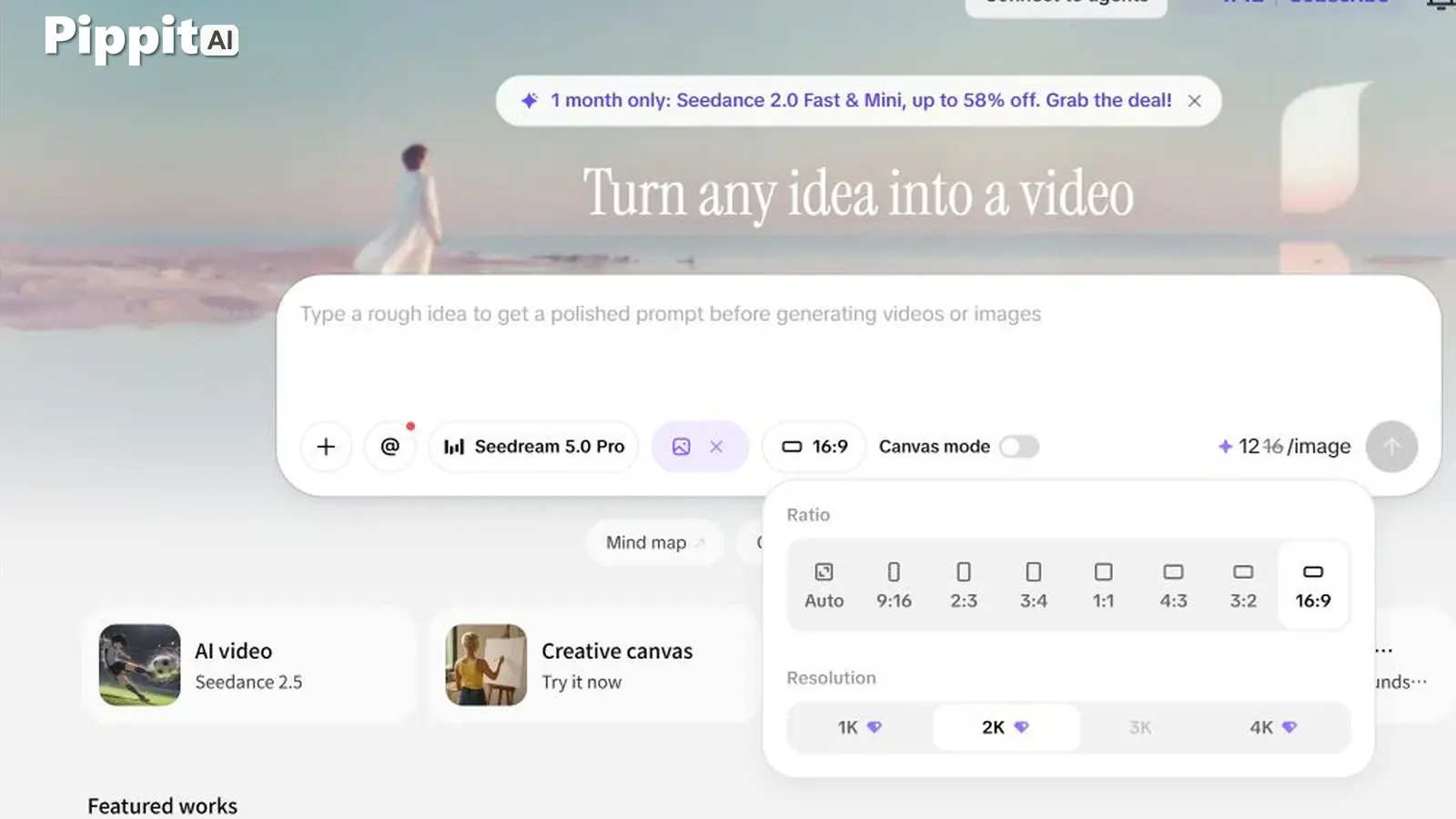 Pippit AI editor with ratio and resolution options open over a prompt box