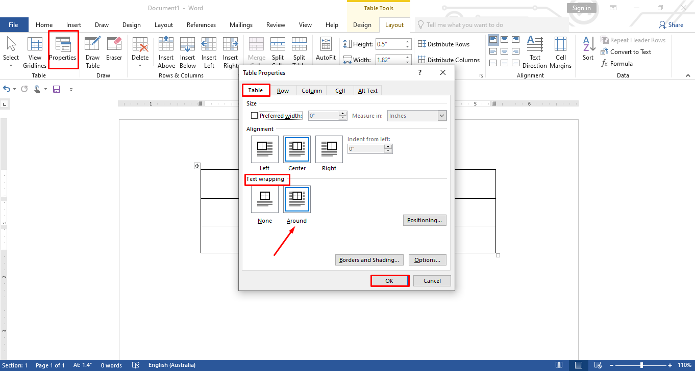 Accessing table properties to wrap a word around a table in Microsoft Word