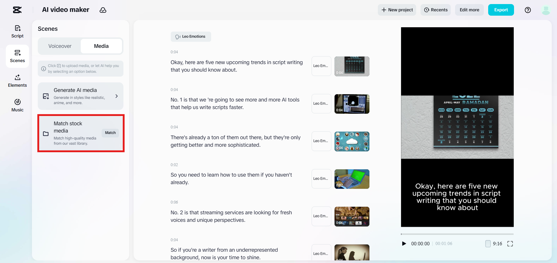Smart match of stock media to script