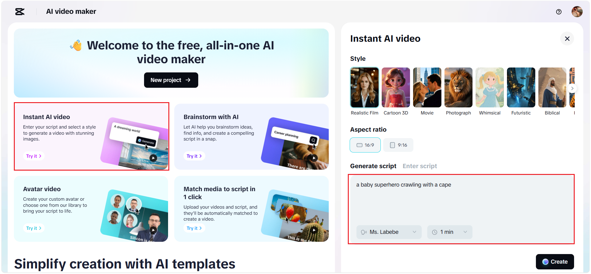 Enter script or create with AI