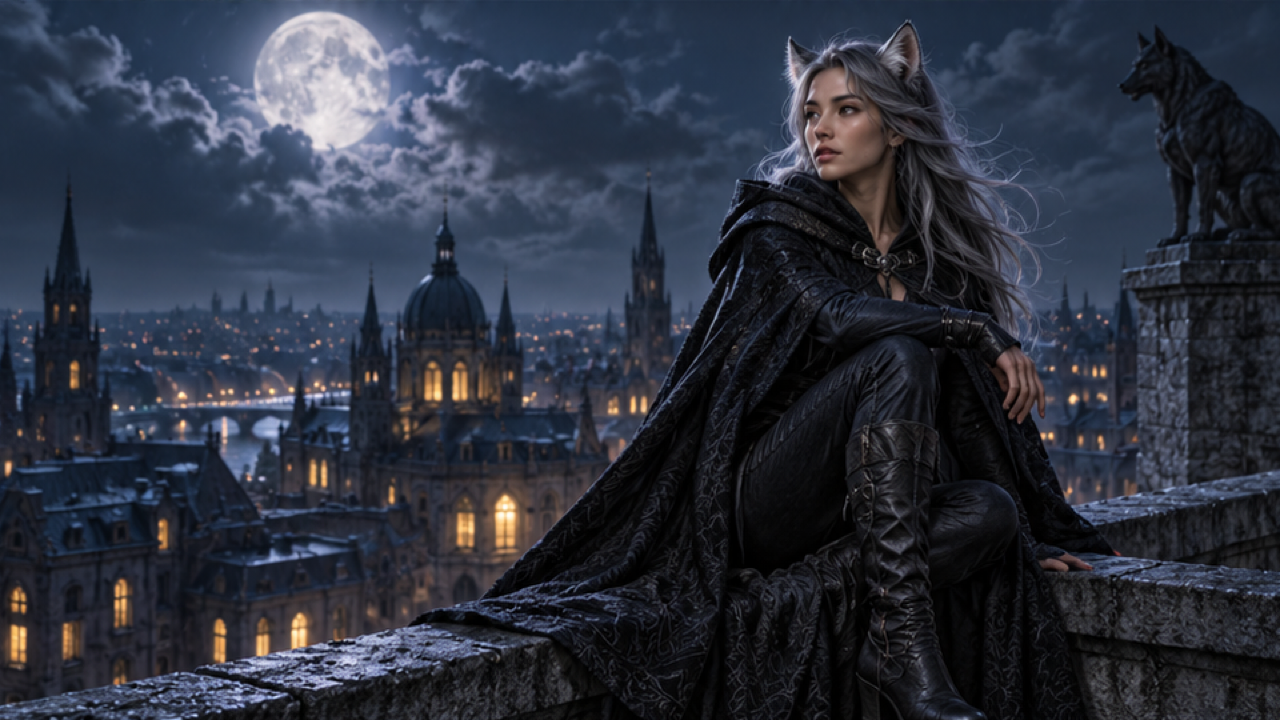 An adult woman in a charcoal cloak with wolf ears and long silver-grey hair, seated on a skyline rooftop, full moon and drifting clouds, elegant dark fantasy