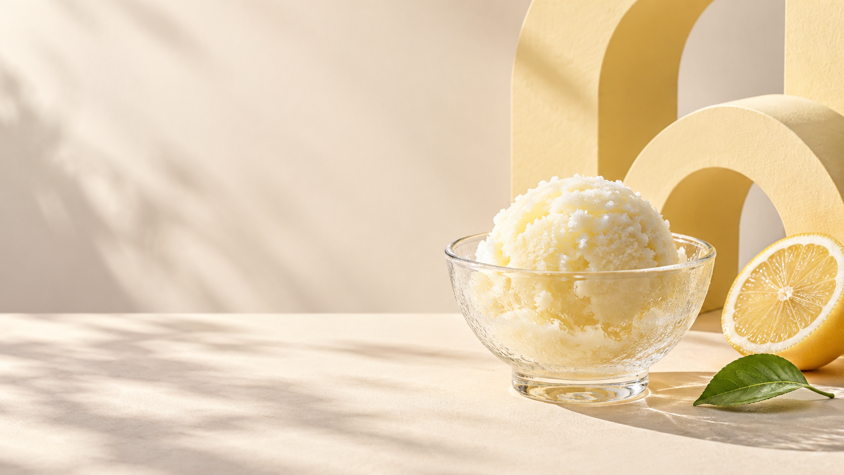 Concept campaign image of lemon sorbet in a glass bowl with yellow paper arches and open layout space