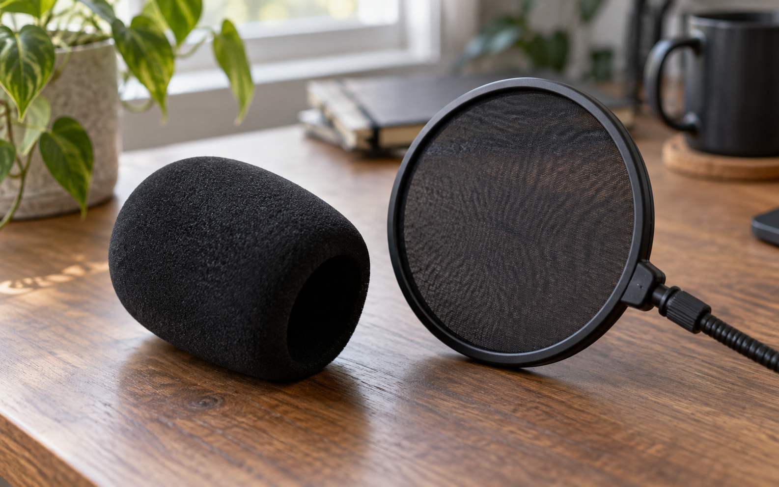 Close-up of a black foam windscreen and a circular mesh pop filter resting separately on a wooden desk, soft window light.