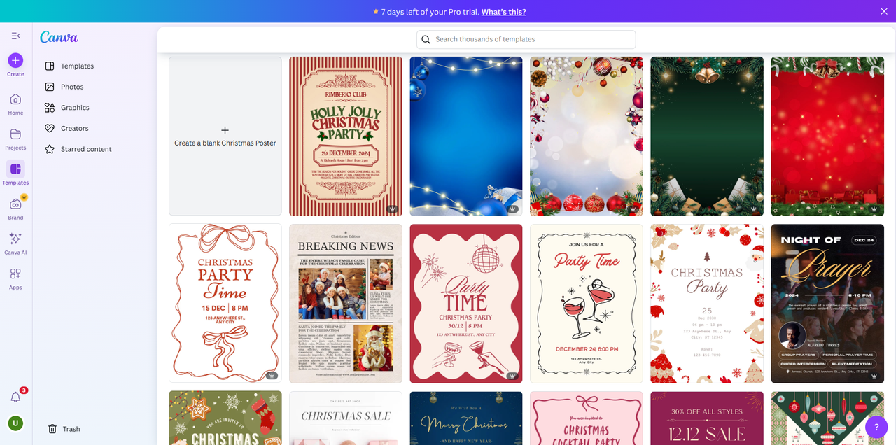 Interface of Canva - an online tool to edit Christmas posters 