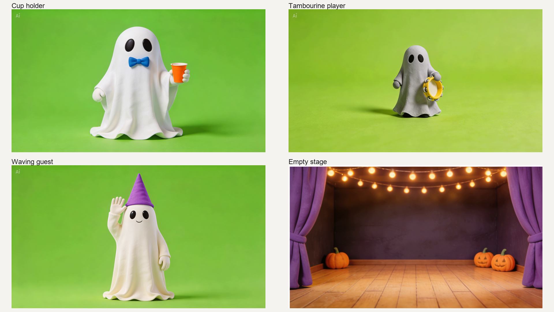 A four-panel board shows the accepted cup, tambourine and hat references on green, followed by the empty purple-curtain stage.