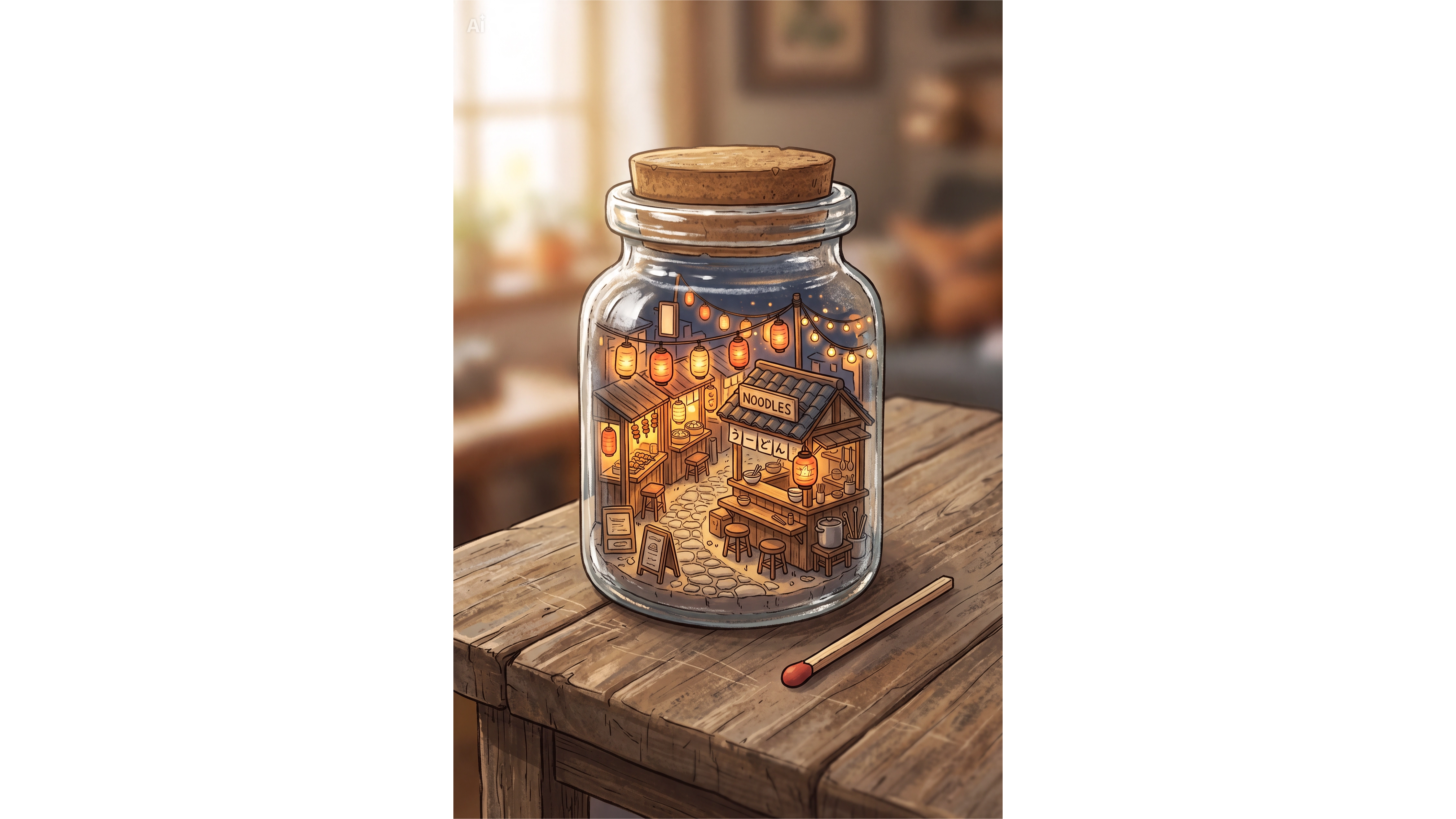 CapCut-generated miniature night market in a glass jar with a visible AI marker