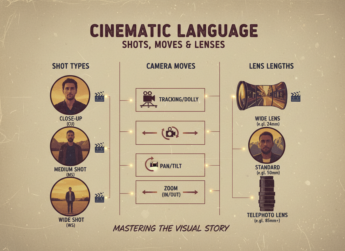 Infografica dei tipi di scatto, dei movimenti della fotocamera e delle lunghezze degli obiettivi con uno stile cinematografico.