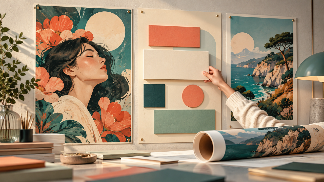 Poster artwork, movable layout blocks and a rolled print proof